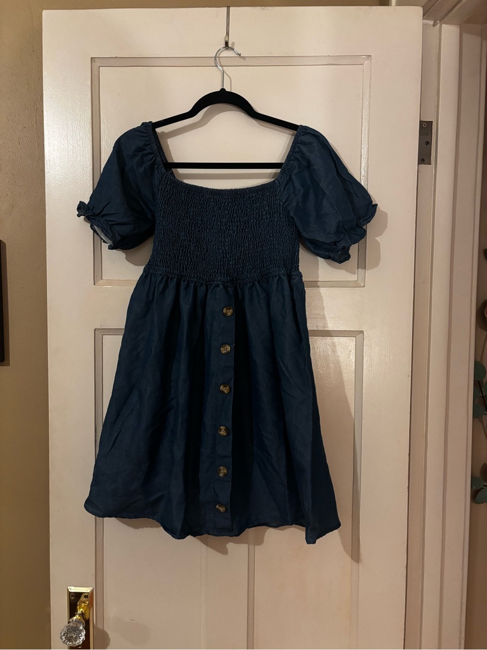 Jean/Navy Puff-Sleeve Smocked Casual Dress with Front Buttons